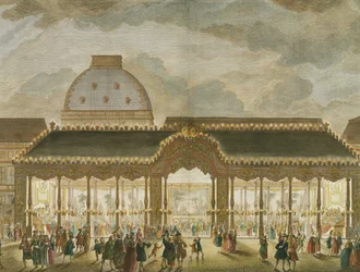 Vista en perspectiva de la Sala del Carrusel, construida con motivo del matrimonio de Monseigneur Le Dauphin (detalle), grabado por Oubrier (grabado en color)